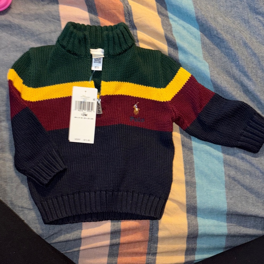 Polo by Ralph Lauren Green Yellow Burgundy Navy Striped Rib-Knit Turtleneck